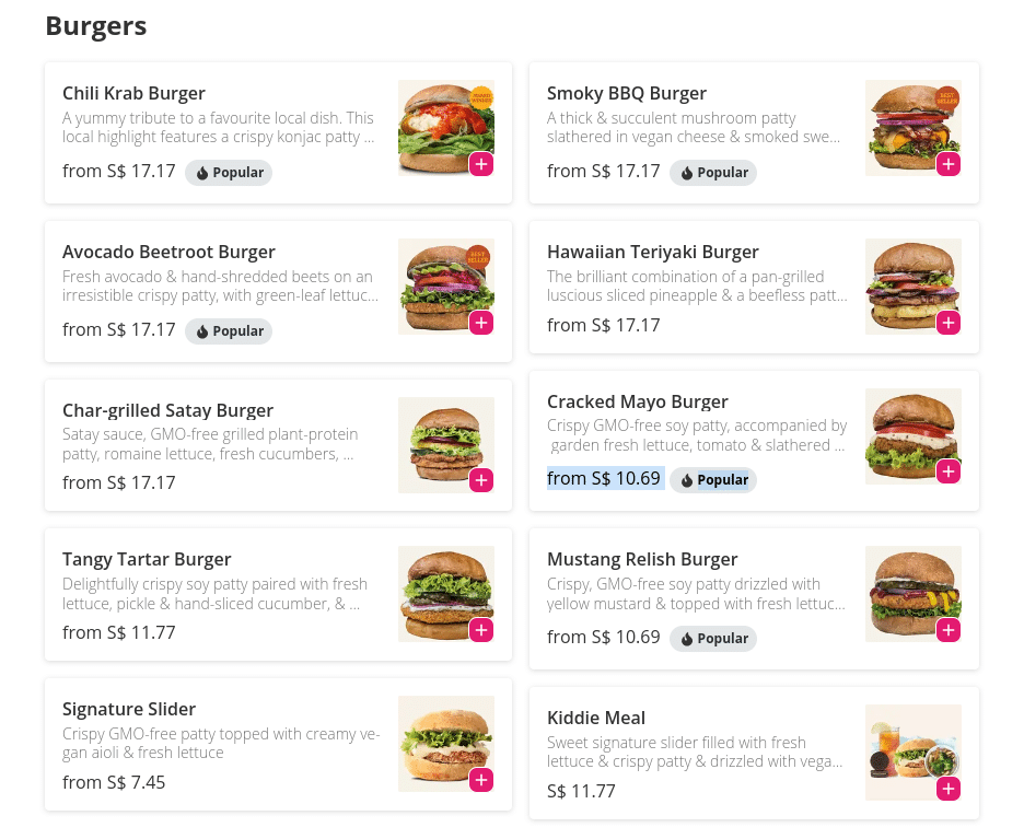 VeganBurg Burgers Items 