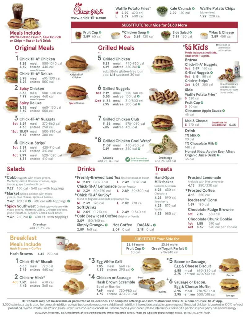 Chick Fil A Menu with Prices 