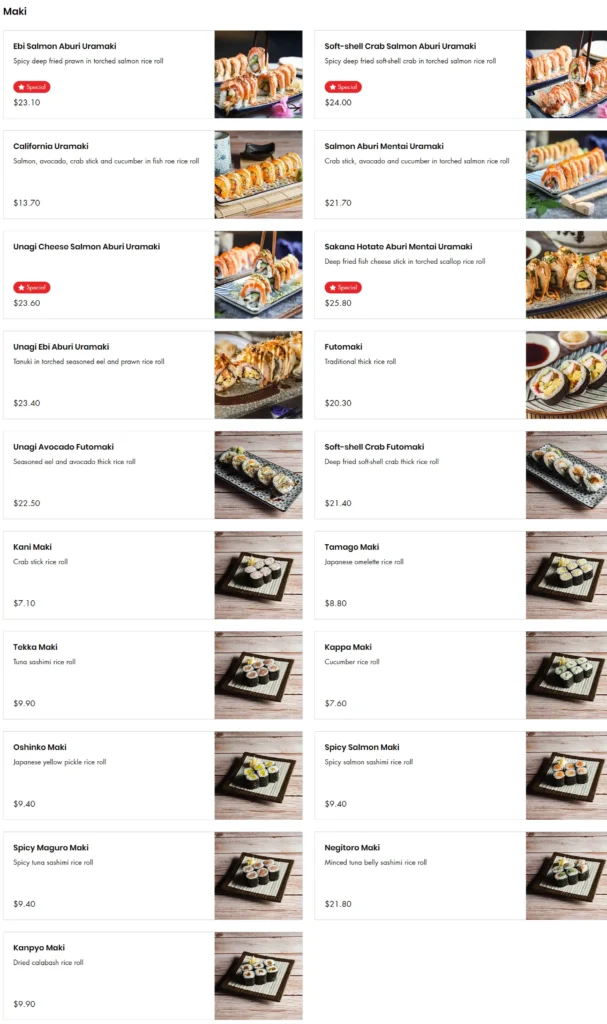 Maki Items at En Sushi